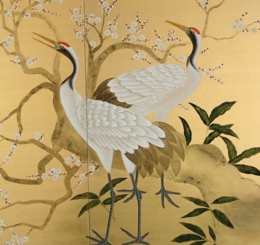 【希少】鶴の親子 金色屏風 びょうぶ 金屏風 日本画金屏風の製造/通信販売(通販) 御子柴屏風店